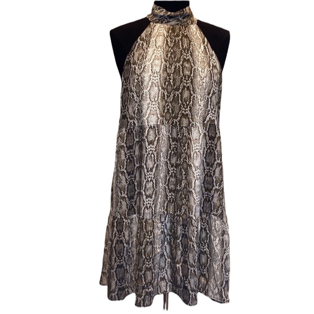 Lavender Brown Snake Print Halter Dress Mini Swing Fit Neck Bow NWT